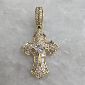 FREE SHIPPING 14k Gold Filled Brass Cross Pendant with many CZ Stones. New